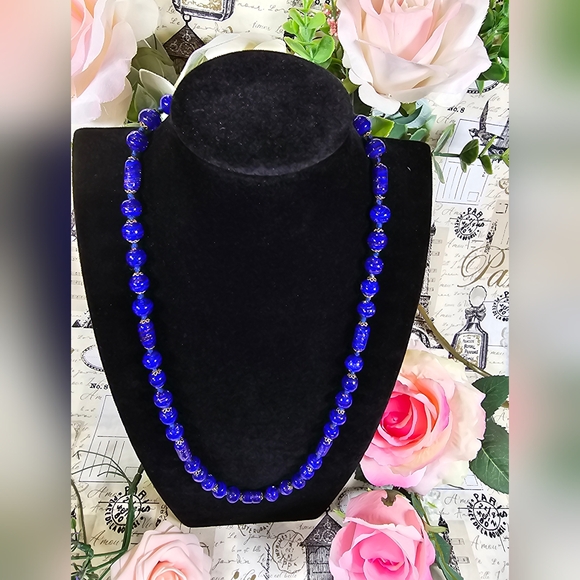 Vtg Murano Blue Latticino Aventurine Venetian Glass Barrel Bead Necklace.